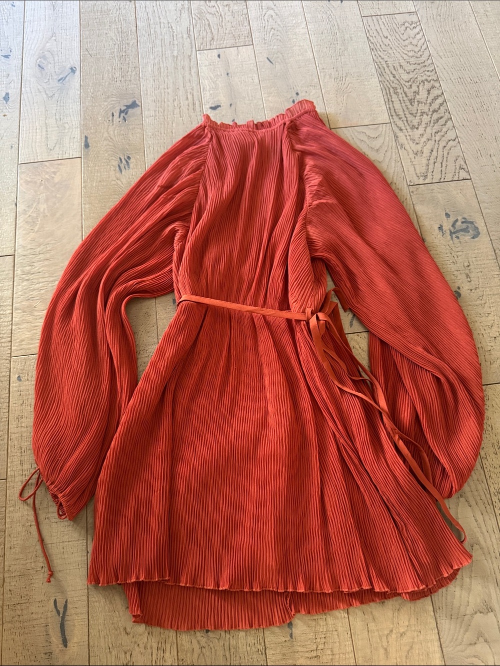 ASOS Orange-Red Pleated Long-Sleeve Waist-Tie dress